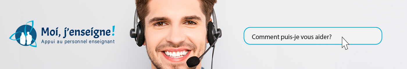 Un jeune homme souriant portant un microcasque demande : « Comment puis-je vous aider? ». À droite du jeune homme, le logo du programme Moi, j’enseigne! Appui au personnel enseignant représente deux silhouettes côte à côte dans un trillium stylisé.